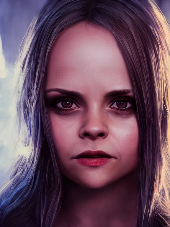 Image similar to portrait art of Christina Ricci, elf ears, 8k ultra realistic , lens flare, atmosphere, glow, detailed,intricate, full of colour, cinematic lighting, trending on artstation, 4k, hyperrealistic, focused, extreme details,unreal engine 5, cinematic, masterpiece