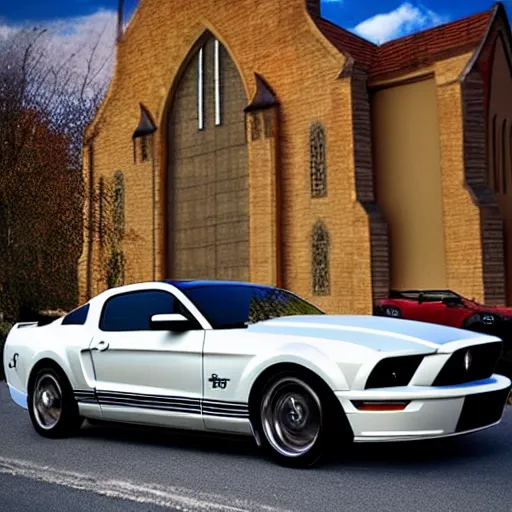 Prompt: Ford Mustang in front of a church in the 20\'s.