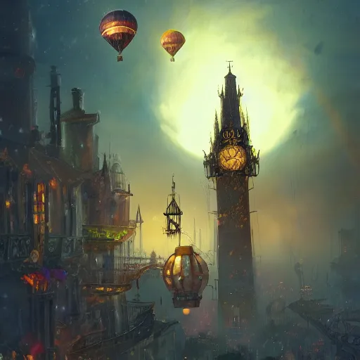 Prompt: a beautiful stunning fantasy whimsical matte digital illustration of a scene of a steampunk hot - air balloon over a lit steampunk city with a clock tower at night by marc simonetti, pastel color palette, disney magic the gathering steampunk!!!, chiaroscuro magical! bokeh moon stars dramatic romantic! epic breathtaking, trending on artstation hq, masterpiece