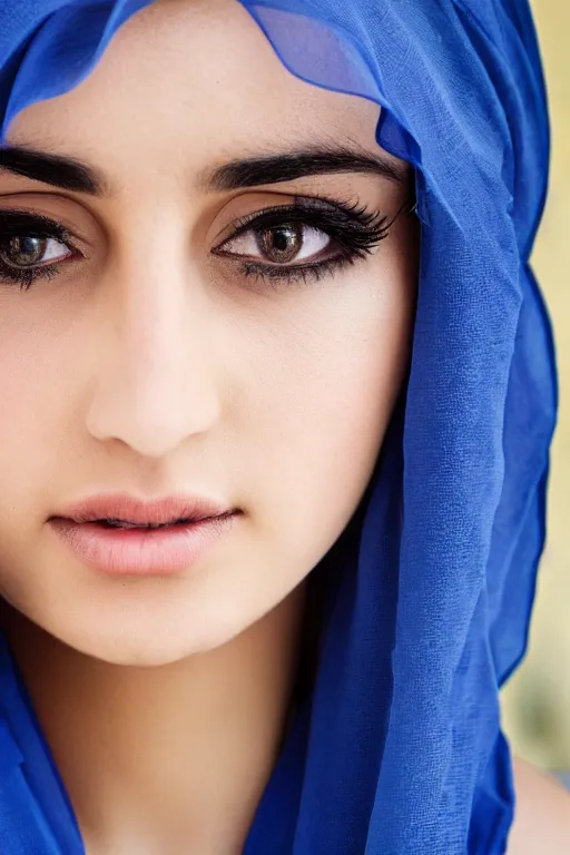 Image similar to young arab woman, blue eyes, long wavy black hair, white veil, closeup, focus face, colored, middle eastern