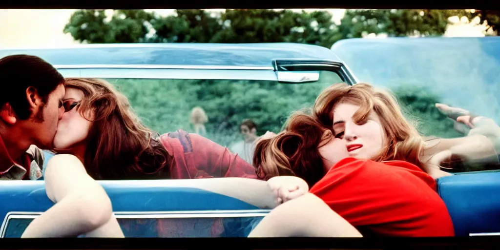 Image similar to 1 9 7 0 s car window closeup, young man and woman kissing in the back seat, coloured film photography, elliott erwitt photography