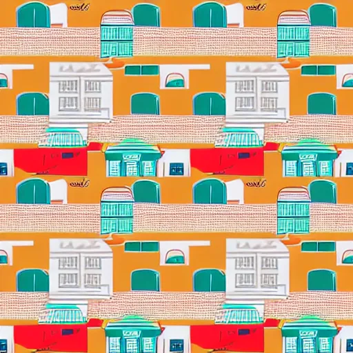 Prompt: fashion house hermes repeating pattern featuring cities and people vector illustration in style of anime realistic