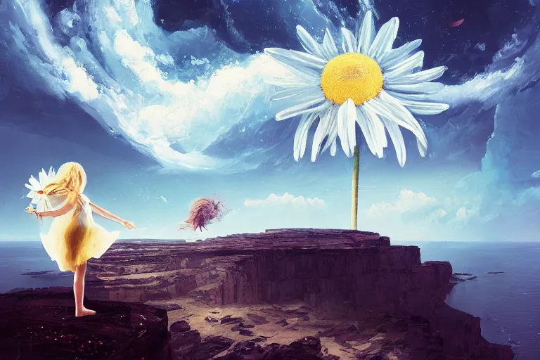 Image similar to giant white daisy flower as a head, girl dancing on cliff, surreal photography, solar eclipse, milky way, dramatic light, impressionist painting, clouds, digital painting, artstation, james gilleard, liam wong, jeremy mann, simon stalenhag