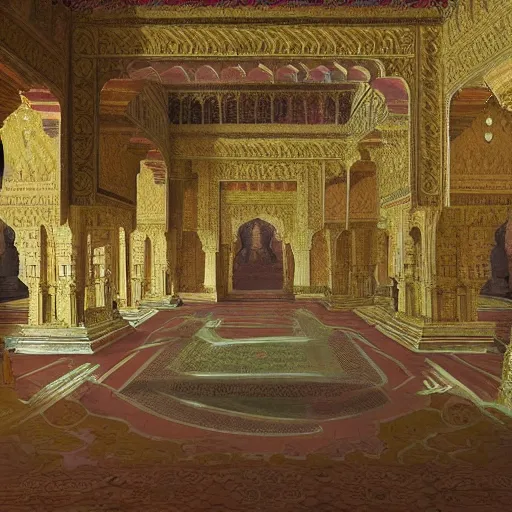 Prompt: A huge Indian palace painted by Marc Simonetti