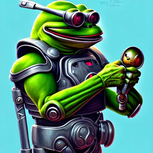 Image similar to Portrait of happy pepe with a spoon wearing futuristic power armor, fantasy, intricate, highly detailed, digital painting, trending on artstation, sharp focus, illustration, style of Stanley Artgerm and Greg Rutkowski and Dan Mumford