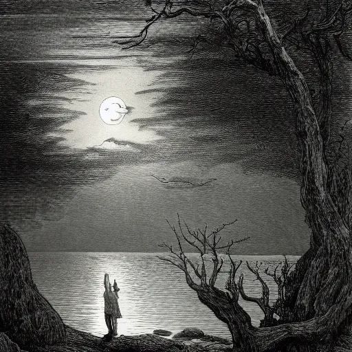 Image similar to wanderer at a lake, forest, dark clouds, moon, nightsky, moonrays, shadows, high detail, gorgeous view, depth, illustration by Gustav Doré