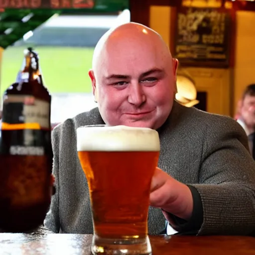 Prompt: Queen Elizabeth having a pint with a fat bald guy at the local pub