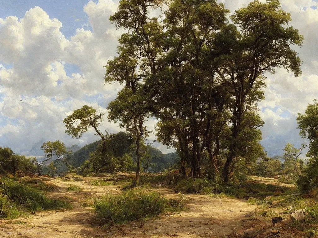 Prompt: a beautiful landscape painting by alfred thompson bricher, trending on arstation