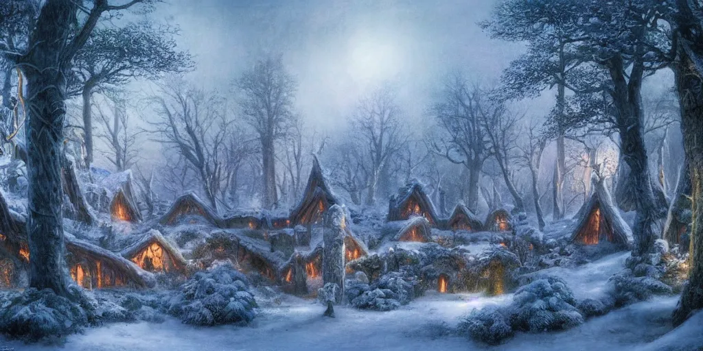 Image similar to Lothlórien with elven homes during winter, evening, detailed matte painting, cinematic, Alan Lee, Artstation