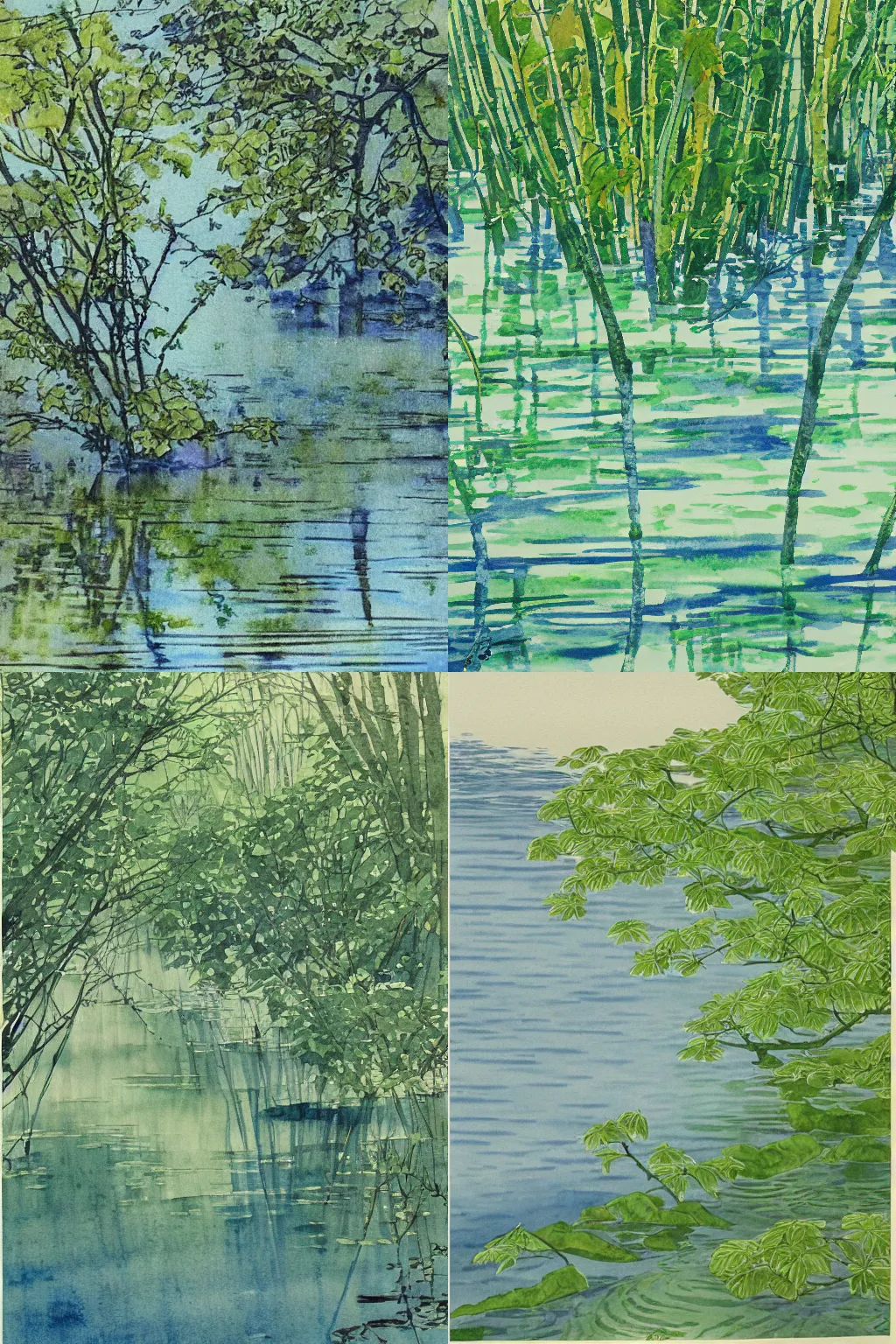 Prompt: grand river watercolor andrew henderson, by william herbert dunton watercolor strokes, #green, #floral pattern, japanese woodblock, by jean giraud