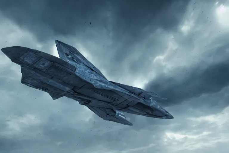 Image similar to a futuristic fighter aircraft, worn paint, symmmetric design, action shot, motion blur, epic dark towering thunderclouds in the background, intricate details, intricate textures, blue tint, realistc octane render, hyper realistic render, volumetric shading, depth of field, soft lighting, 8k