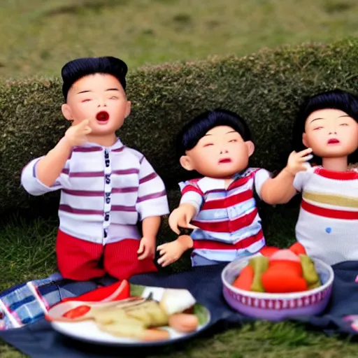 Prompt: kim jong un doll screaming and having a lovely picnic with bts boy band dolls octane render