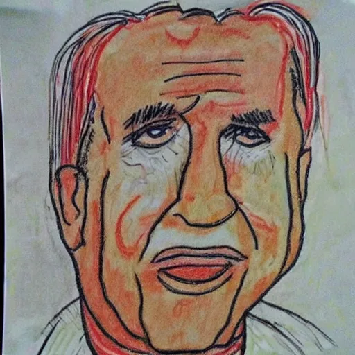 Prompt: child's crayon drawing of richard nixon swimming in spaghetti.