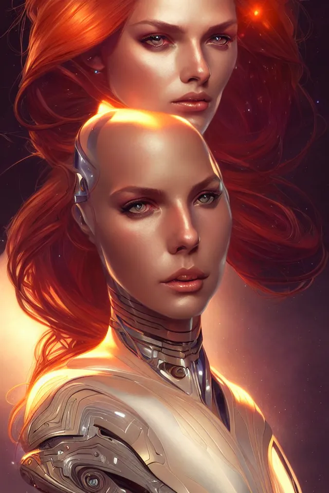 Image similar to futuristic woman portrait, sci-fi, amber eyes, face, long hair, fantasy, intricate, elegant, highly detailed, digital painting, artstation, concept art, smooth, sharp focus, illustration, art by artgerm and greg rutkowski and alphonse mucha