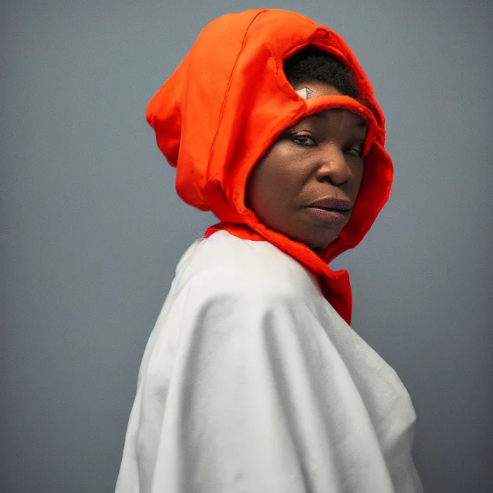 Prompt: a woman wearing a hood made of wire and plastic, in a laundry mat, color photograph, by kehinde wiley, canon eos c 3 0 0, ƒ 1. 8, 3 5 mm, 8 k, medium - format print