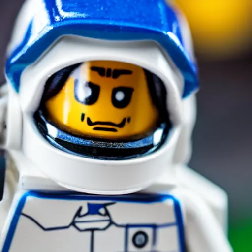 Image similar to closeup shot of lego astronaut that looks kind of like christopher walken ( eos 5 ds r, iso 1 0 0, f / 8, 1 / 1 2 5, 8 4 mm, postprocessed, bokeh )