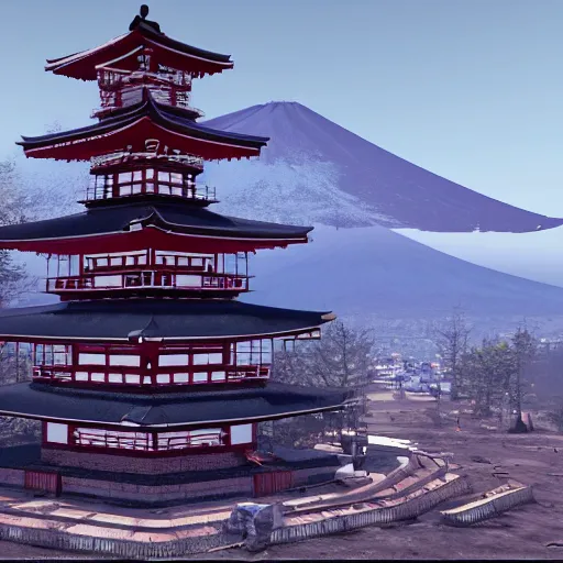 Image similar to chureito pagoda at mount fuji in ruins post - nuclear war in fallout 4, in game screenshot