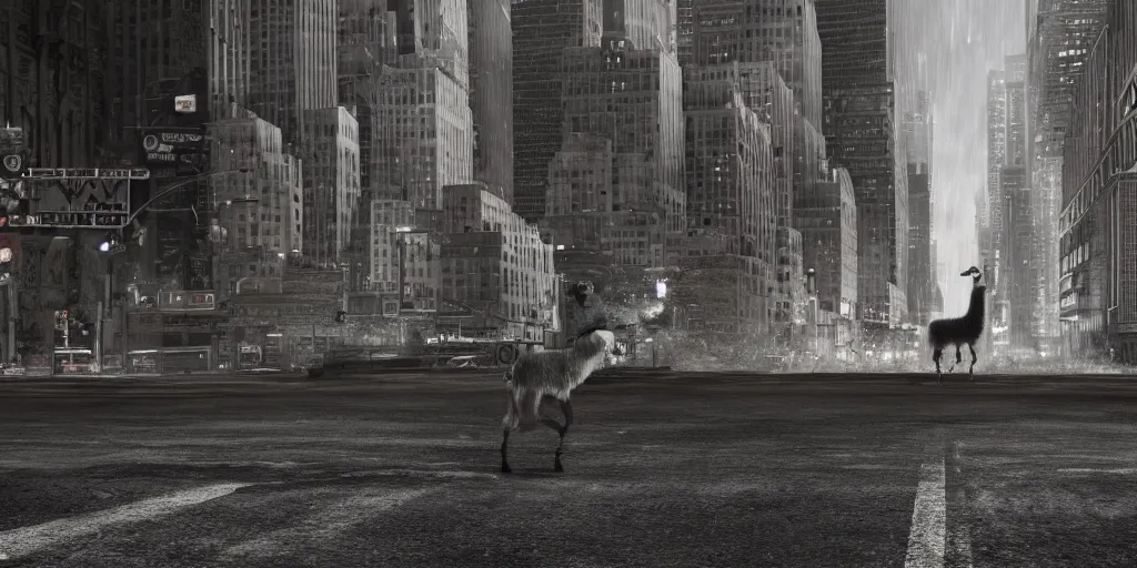 Image similar to a llama walking through a desolate manhattan city street at night, statue of liberty seen in the background, realistic 4 k octane beautifully detailed render, 4 k post - processing, highly detailed, detailed face, intricate complexity, epic composition, magical atmosphere, cinematic lighting, masterpiece, ultra hd