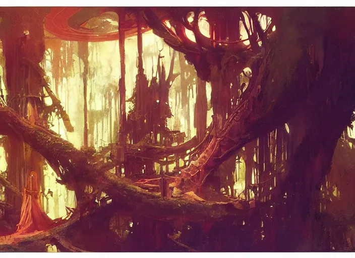 Image similar to treehouse interior, intricate, elegant, highly detailed, vivid colors, john harris, frazetta, tyrus wong, ruan jia, jeffrey catherine jones