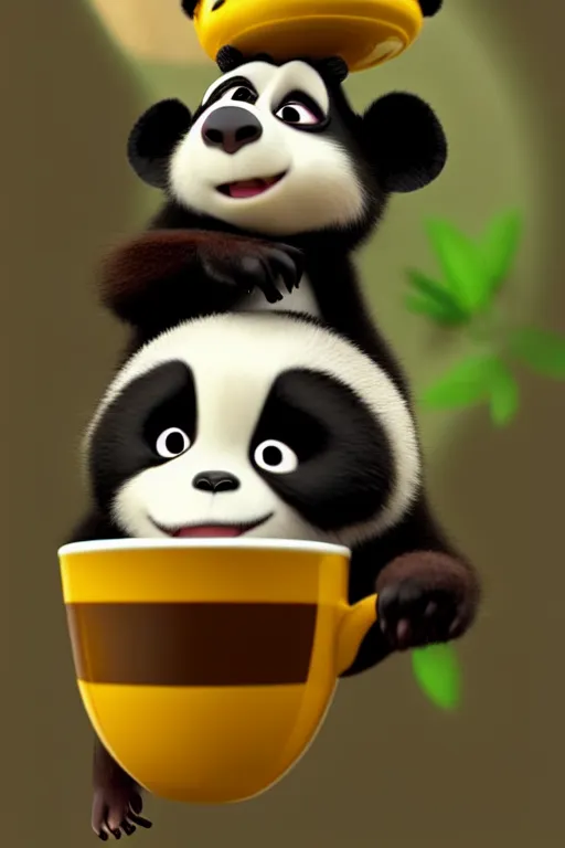 Image similar to a cute panda with big eyes looking at a cup of coffee, bamboos on background. Pixar Disney 4K 3d render funny animation movie Oscar winning trending on ArtStation and Behance. Ratatouille style.