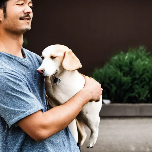 Image similar to [ selfie ]!!! of a man [ caressing a dog ]!!, trending on unsplash, 4 k photorealism, intricately detailed