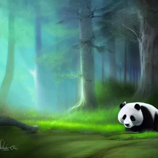 Prompt: a panda in the forest of bioluminescent mushroom ,realistic ,magical forest, 8k , digital art ,