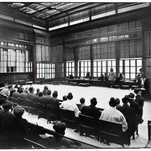 Image similar to an image of a civic criminal court, in a medium full shot, russian and japanese mix, high - key lighting, warm lighting, overcast flat midday sunlight, a vintage historical fantasy 1 9 1 5 photo from life magazine, professional cooperate, the new york times photojournalism.