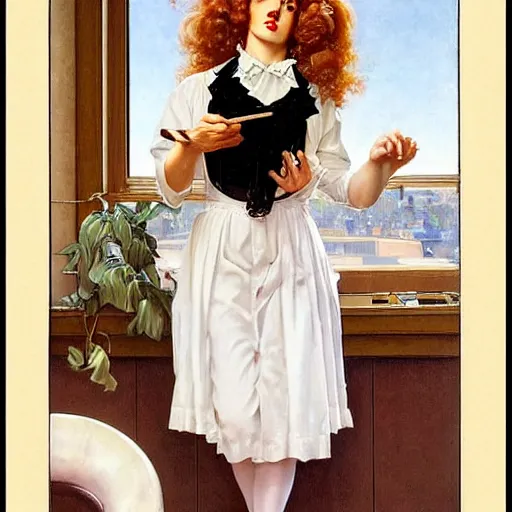 Prompt: beautiful painting of Lucius as a French maid with long pale curly blond hair, beautiful androgynous young man, very very light fluffy curly blond hair, he wears a white secretary shirt and black miniskirt, pinup poster by J.C Leyendecker and Norman Rockwell