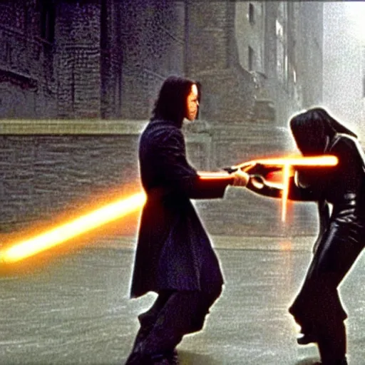 Prompt: the iconic matrix fight between neo and jar jar binks in the rain