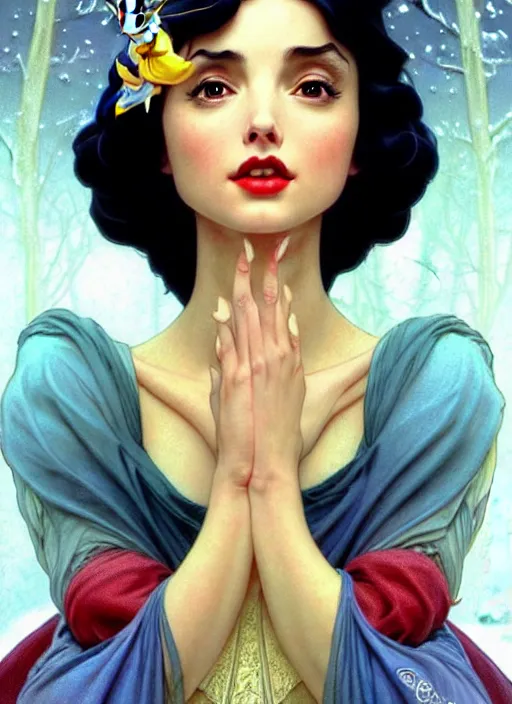 Image similar to disney snow white ( ( ana de armas ) ), dreamscape, girl, masterpiece, intricate, elegant, highly detailed, my rendition, digital painting, artstation, concept art, smooth, sharp focus, illustration, art by artgerm and greg rutkowski and alphonse mucha and uang guangjian and gil elvgren and sachin teng, symmetry!!