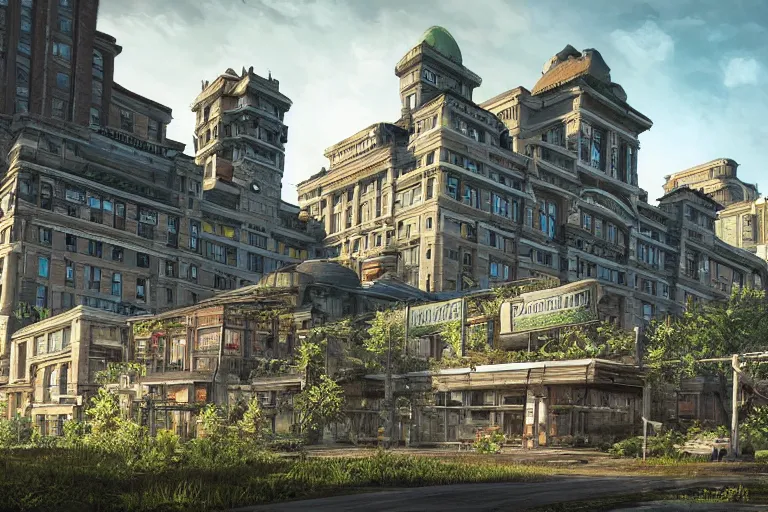 Image similar to realistic digital concept art of palliser hotel, calgary alberta being reclaimed by nature in the last of us, or horizon zero dawn, and tokyo genso style