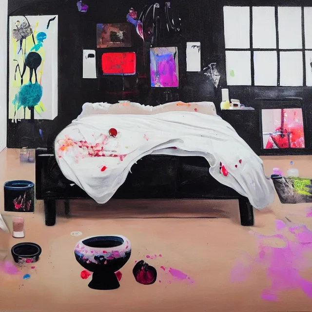 Image similar to bedroom with black walls and a futon, sensual portrait of a woman sleeping, cracked handmade pottery vase, candles, white flowers on the floor, puddle of water, octopus, squashed berries, neo - expressionism, surrealism, acrylic and spray paint and oilstick on canvas