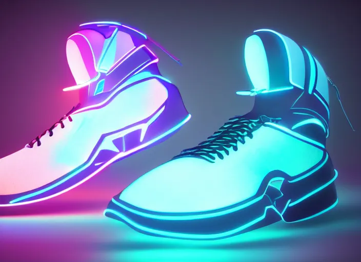 Prompt: futuristic generative design sneakers with neon lights in the style of cyberdog, product shot, dynamic lighting, octane render