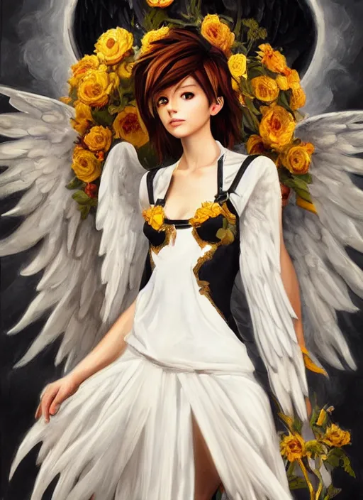 Image similar to full body oil painting of tracer overwatch in the style of sophie anderson, angel wings, white dress, dramatic painting, wearing black collar, symmetrical composition, ornate, high detail, gold, blooming, lights, flowers,