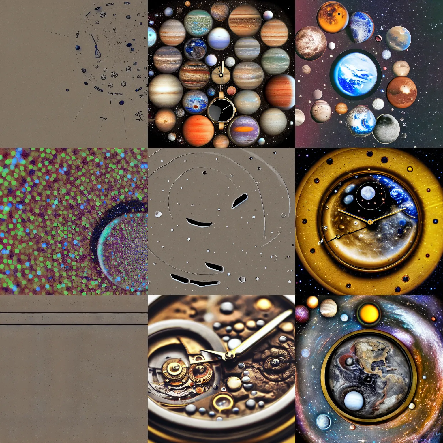 Prompt: Macro photograph of a watch made of planets, moons, miniature cosmos, complexity