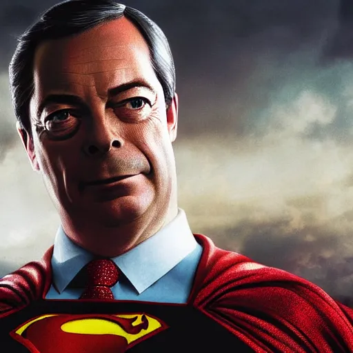 Image similar to Portrait of Nigel Farage as superman, heroic, amazing splashscreen artwork, splash art, head slightly tilted, natural light, elegant, intricate, fantasy, atmospheric lighting, cinematic, matte painting, detailed face, by Greg rutkowski