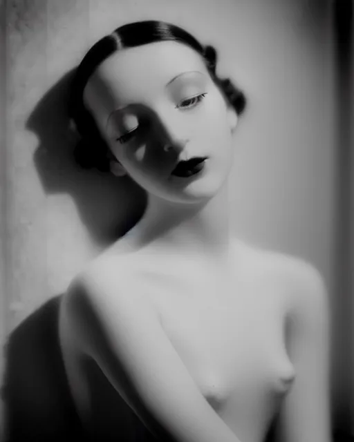 Image similar to black and white dreamy young beautiful female artificial intelligence, cinematic, rim light, bokeh, photo - realistic, elegant, high detail, 8 k, masterpiece, photo taken in 1 9 3 0 by cecil beaton