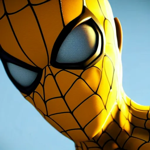 Image similar to still photo of yellow spider - man, highly detailed, photorealistic portrait, bright studio setting, studio lighting, crisp quality and light reflections, unreal engine 5 quality render