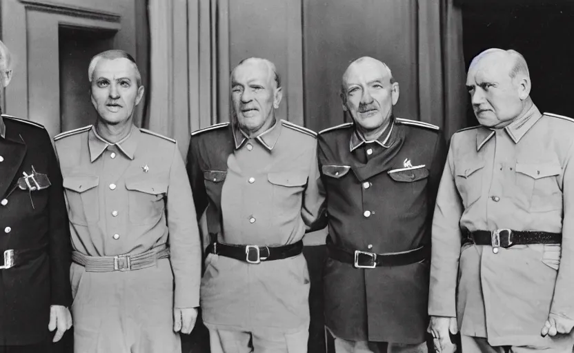 Image similar to 50s movie still close-up portrait of three individual elder soviet generals with very diverses faces in a stalinist hall, by David Bailey, Cinestill 800t 50mm black and white, heavy grainy picture, very detailed, high quality, 4k, HD criterion, precise texture, facial precision, diverse haircuts, diverse ages, each faces precisely define