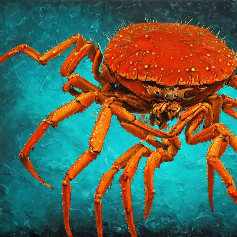 Image similar to Hyperrealistic intensely colored Studio wet collodion Photograph portrait of a deep sea Giant Spider Crab deep underwater in darkness long exposure, award-winning nature deep sea expressionistic impasto heavy brushstrokes oil painting by Jenny Saville and Norman Rockwell and Audubon vivid colors hyperrealism 8k