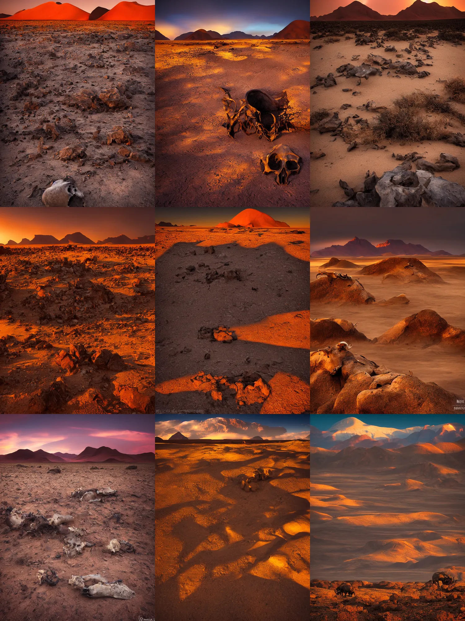 Prompt: amazing landscape photo of the Namib landscape with mountains in the distance and a Wildebeest skull on the rocks in the foreground by marc adamus, beautiful dramatic lighting, 16mm wide angle lens