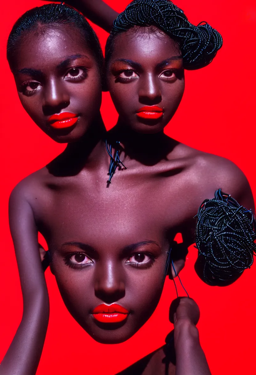 Image similar to medium shot, photograph of alluring dark skin young woman looking into camera, red lipstick, hundreds of cables and wires extruding from her head, sharp focus,, chromatic abberations, as fashion editorial 90s, kodak ektachrome