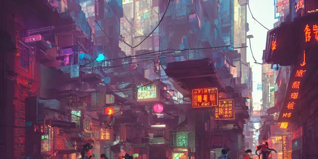 Prompt: a cyberpunk hong kong alley with robots and humans walking around by moebius, pixar color palette, clear details, street level, 8k