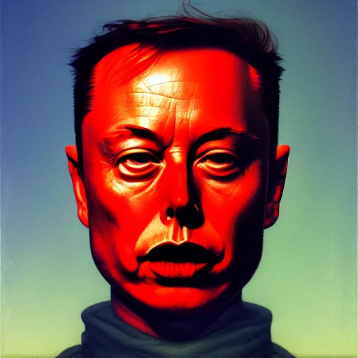 Image similar to elon musk totalitarian in the style of beksinski, parts by edward hopper, parts by rodcenko, parts by yue minjun, intricate and epic composition, red by caravaggio, insanely quality, highly detailed, masterpiece, red light, artstation, 4 k