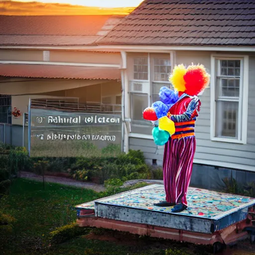 Image similar to photo of a clown on top of a house with a balloon in his left hand, taken with canon eos - 1 d x mark iii, bokeh, sunlight, studio 4 k