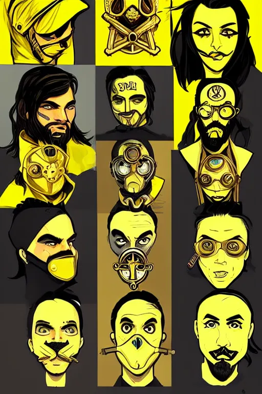 Prompt: saints street gang wear yellow bandanas, and some of them have thick mustachesdigital art, artgrem, illustration, concept art, pop art style, dynamic comparison, fantasy, bioshock art style, gta chinatowon art style, hyper realistic, face and body features, without duplication noise, hyperdetails, differentiation, sharp focus, intricate