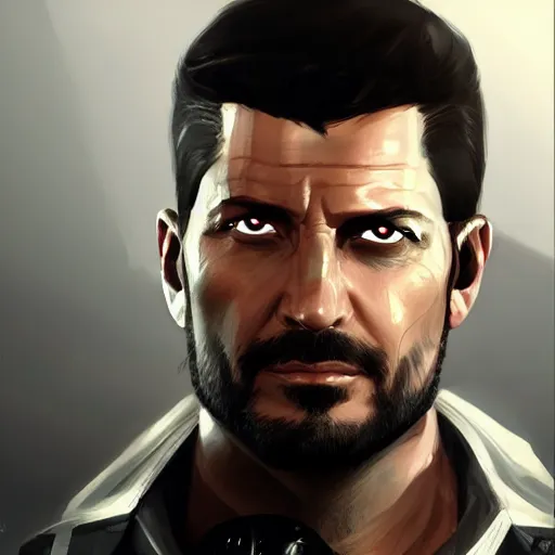 Image similar to Adam Jensen from Deus Ex as a GTA character, by Cedric Peyravernay, highly detailed, hyperrealism, excellent composition, cinematic concept art, dramatic lighting, trending on ArtStation