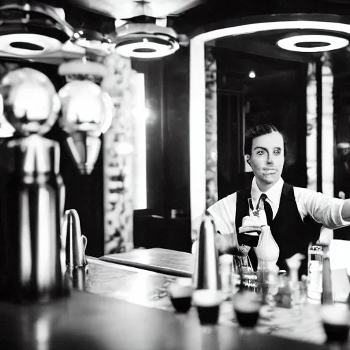 Image similar to a photo of bartender juggling drinks in an art-deco bar