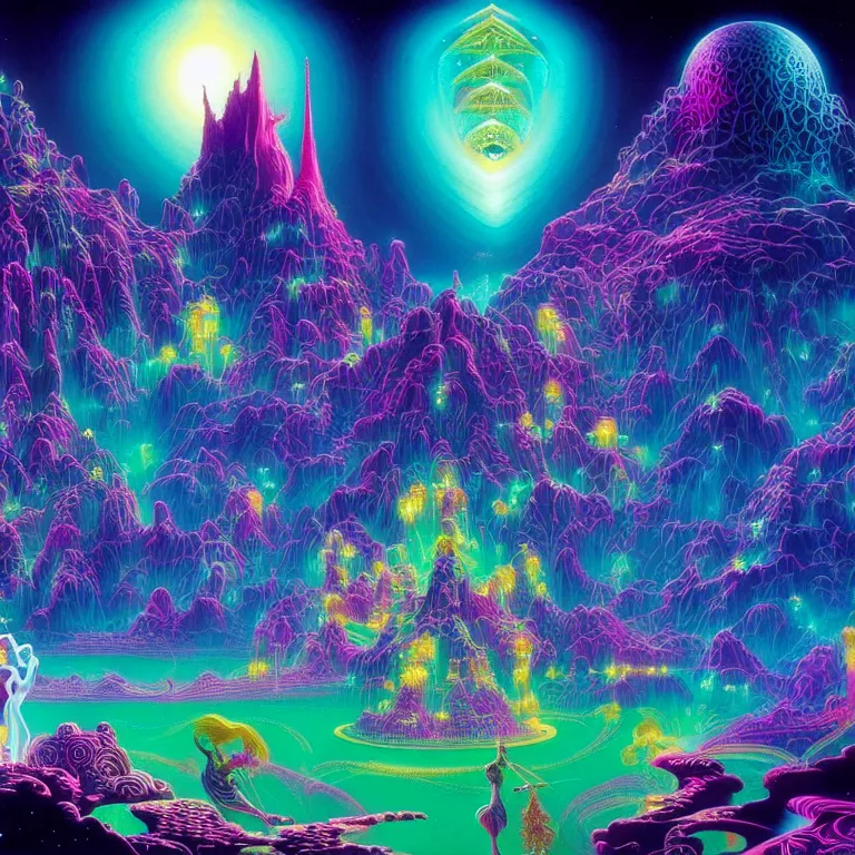 Image similar to mysterious cosmic girl over epic mystical crystal temple, infinite glissando, hallucinogenic waves, synthwave, bright neon colors, highly detailed, cinematic, eyvind earle, tim white, philippe druillet, roger dean, ernst haeckel, lisa frank, aubrey beardsley, kubrick
