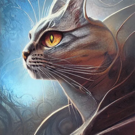 Prompt: low angle shot of a cat by clive barker, intricate, elegant, highly detailed, centered, digital painting, artstation, concept art, smooth, sharp focus, illustration, artgerm, Tomasz Alen Kopera, Peter Mohrbacher donato giancola, Joseph Christian Leyendecker, WLOP, Boris Vallejo.